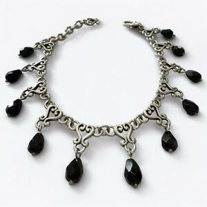 Vintage Silver Scroll Link Bracelet w/ Black Glass Charms | Gothic Romantic